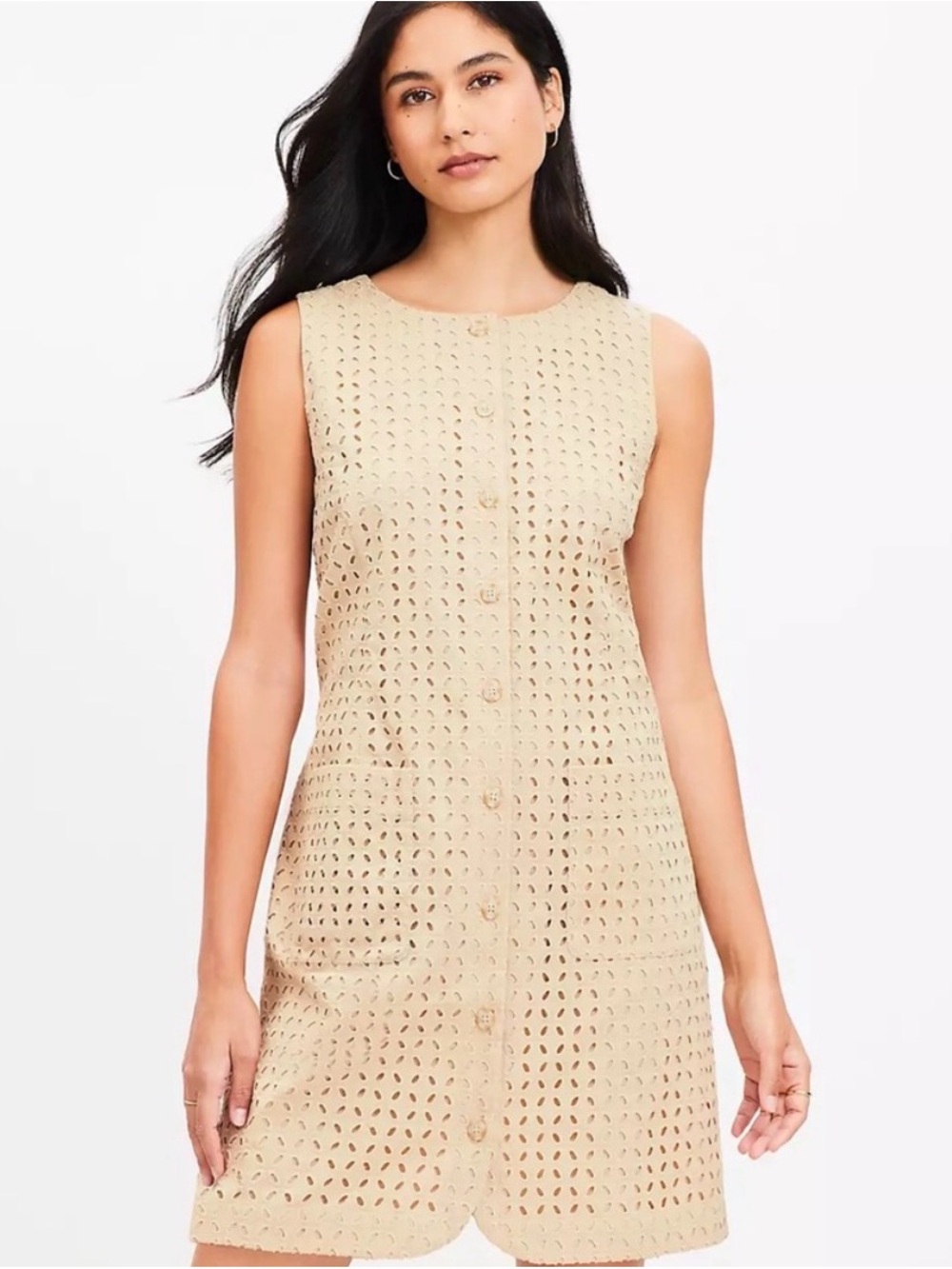LOFT Eyelet Button Front Shift Dress Tan Beige NWT Size 2